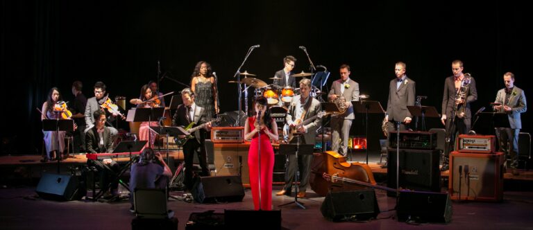 12 piece band photo with singer, violinist, bass player, percussion, keyboard, brass section