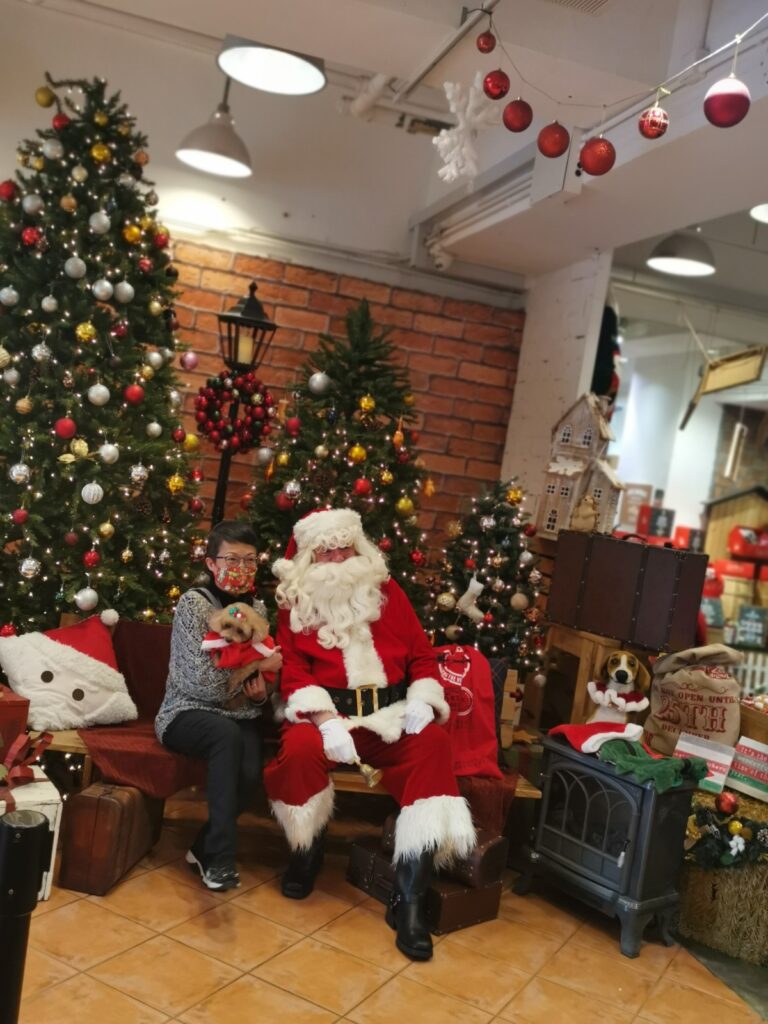 Santa floss taking photos with lady and her dog