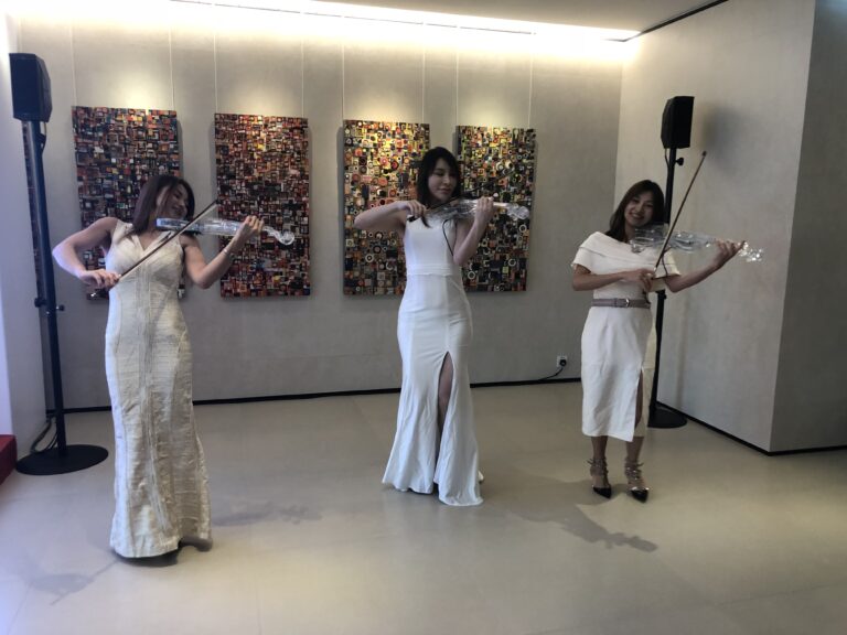 Led violin performance in white dress