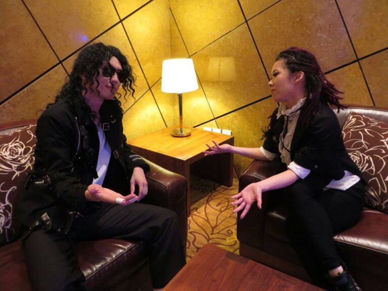 Hong Kong Michael Jackson impersonating actor interviewing by MC at a corporate event