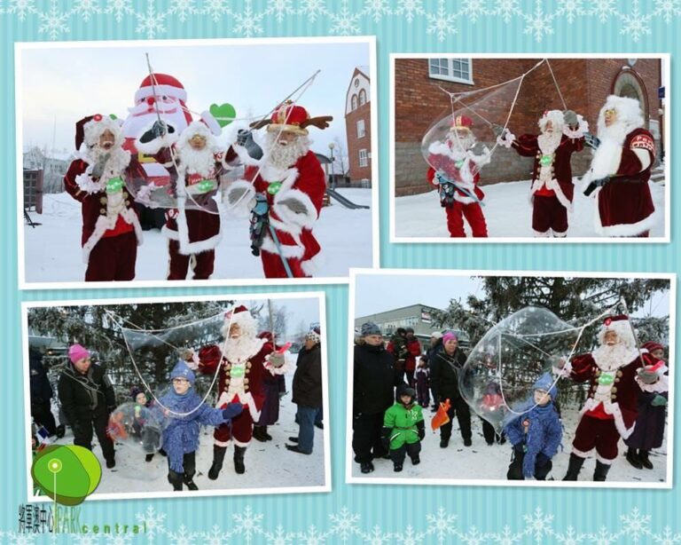 Santa Mario chinese santa from hong kong playing giant bubbles with kids in finland
