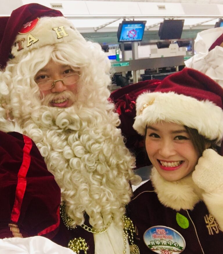 Santa Mario and Santa girl kiwi at the airport, hk international, ready to embark on a trip to Finland