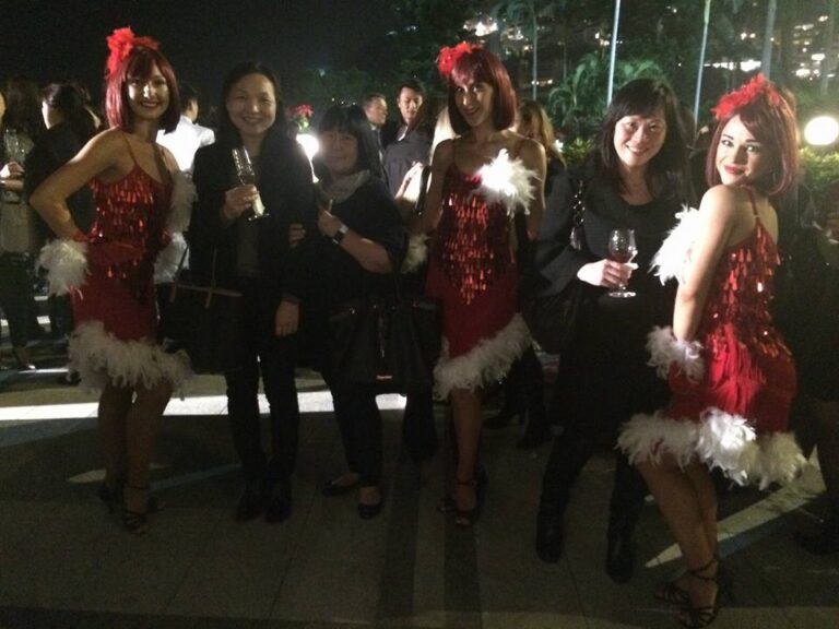Three reindeer girls and three guests at 109 Repulse Bay in Hong Kong during Christmas