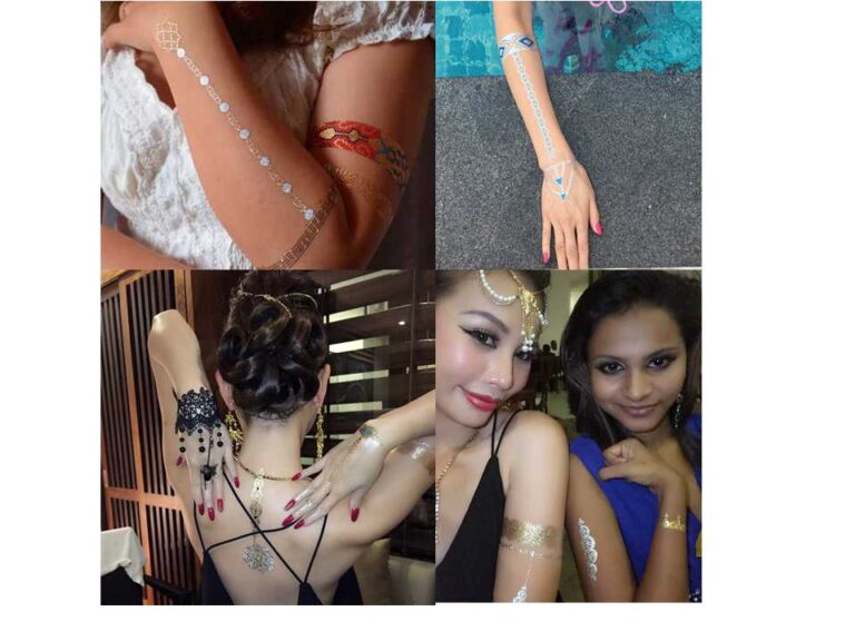 different henna tattoo on models at an event