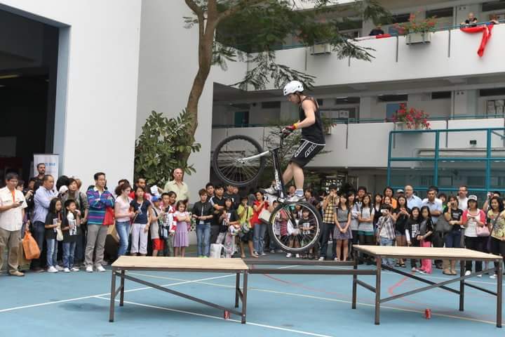 Shaun performs trail biking in a school in Hong Kong