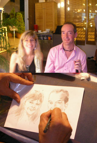 Caricaturist drawing two people at a corporate event