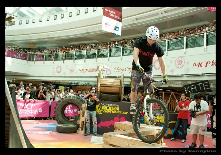 A Trial Bike performer performing at a shopping mall summer event in Hong Kong