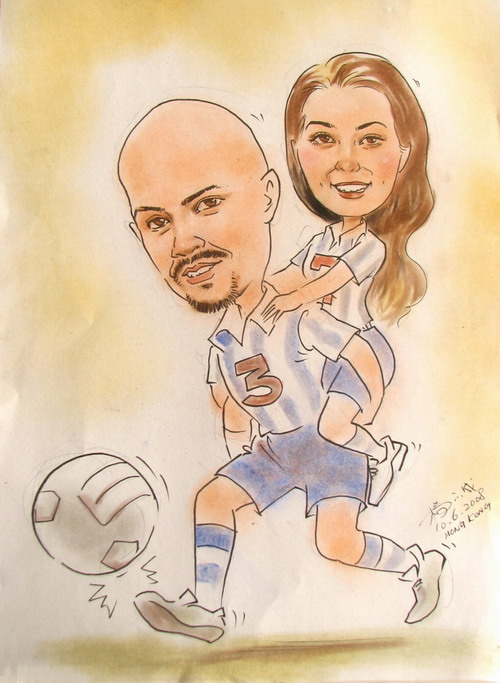 Caricaturist in HK drew a cartoon character picture for a couple at a sport themed corporate event
