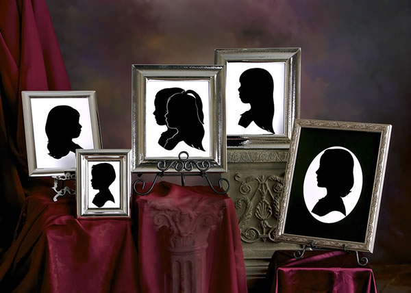 Display of five framed portrait cutout pictures