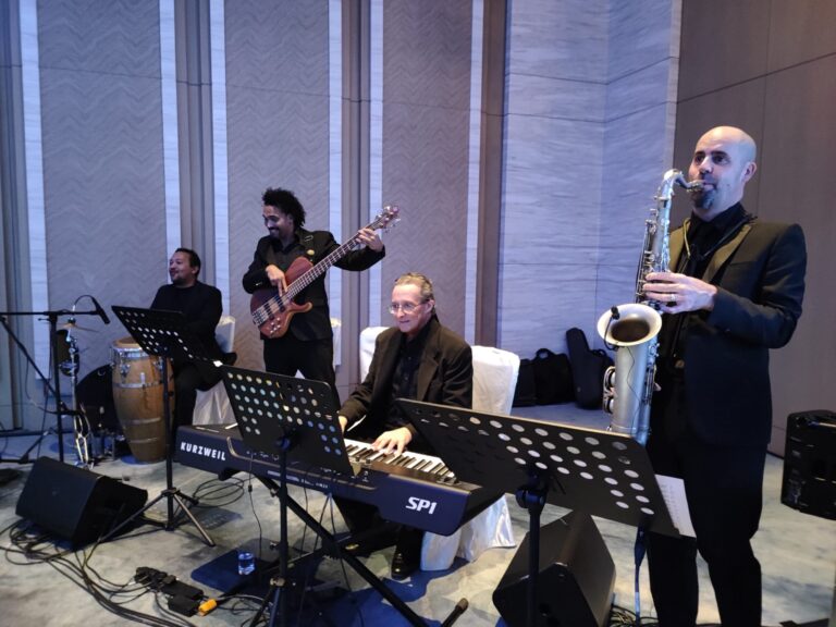 performance in hotel with performers from hong kong, jazz quartet with percussionist performance
