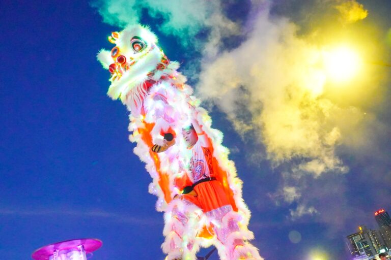 LED lion dance lifted up in air with smoke effect
