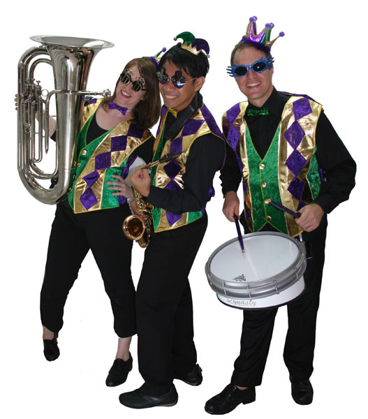 Three roving musicians dressed in venetian costumes posing