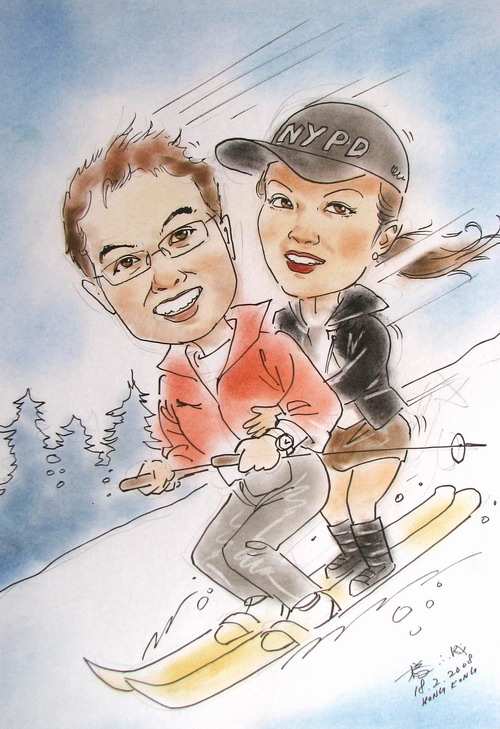 Hong Kong Caricaturist drew a cartoon character picture for a couple at a cocktails party