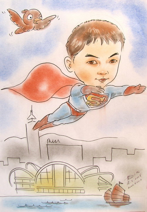 Caricaturist drew a superhero cartoon character picture for a child at a kids birthday party in Hong Kong