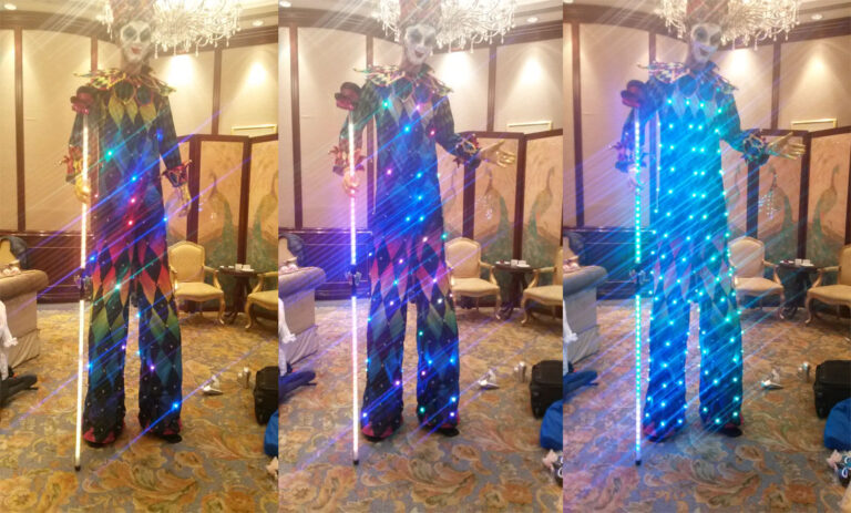 Three pictures of HK stiltwalker in a Venetian LED costume which have different  patterns