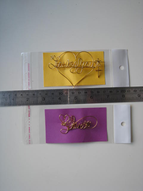 two names in plastic sleeve made by wire name artist