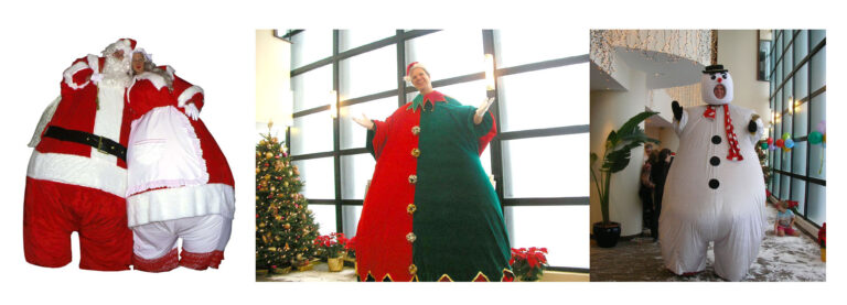fat brothers giant stilt walker in elf costume in front of xmas tree in repulse bay