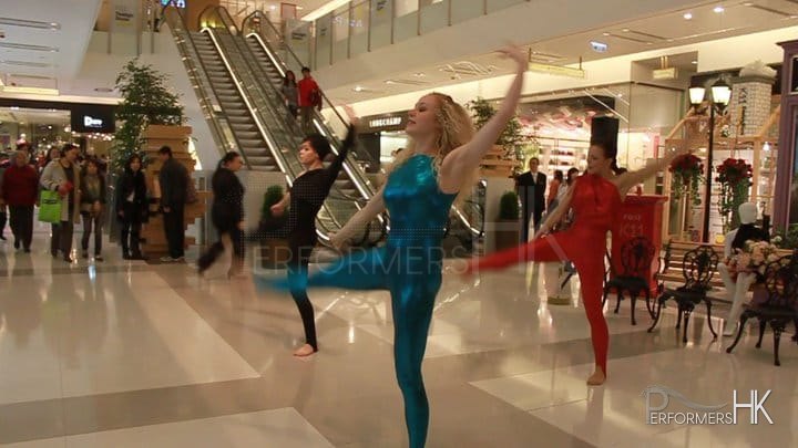Modern dance performance with three dancers at K11 mall in Hong Kong