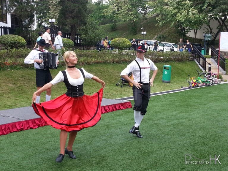 Bavarian dance performance at a park in Hong Kong with two dancers