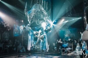 The guests at the annual dinner was amazed by two Hong Kong Aerial Chandelier performer performing