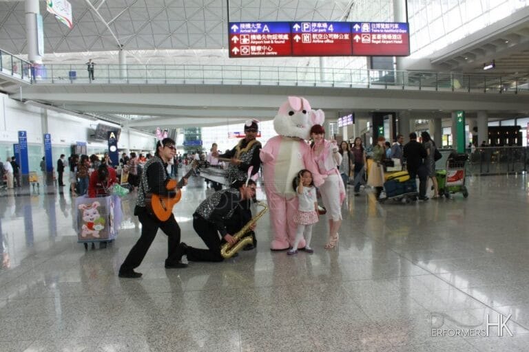 Easter parade with Grooves, bunny girl and bunny mascot at a corporate Easter event in Hong Kong