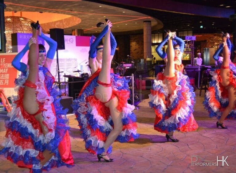 girls lift their legs in can can dance in Macau