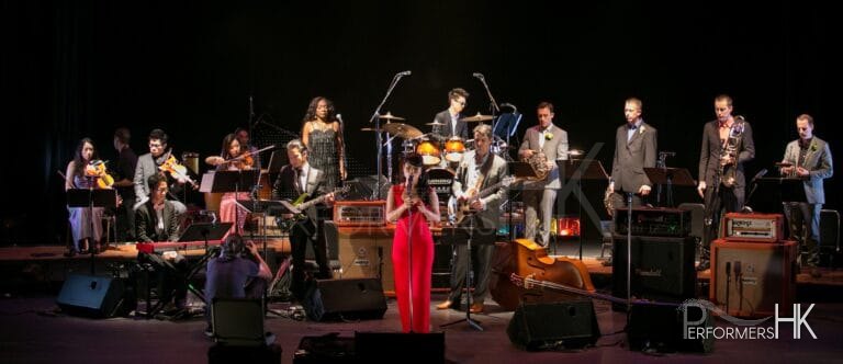 12 piece band photo with singer, violinist, bass player, percussion, keyboard, brass section