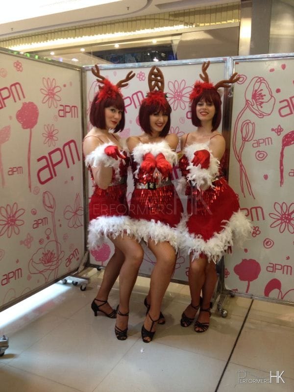 reindeer girls saying Merry Christmas at APM in Hong Kong
