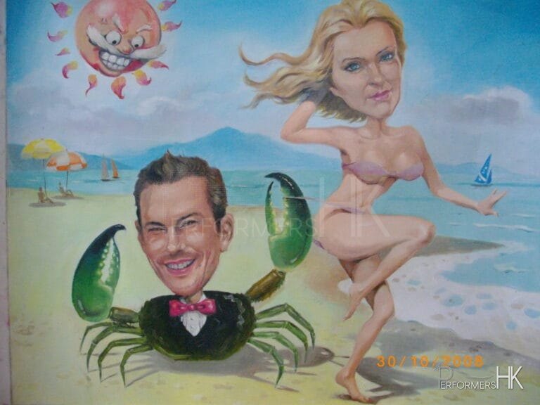 Hong Kong Caricaturist draws cartoon characters couples at a cocktails party