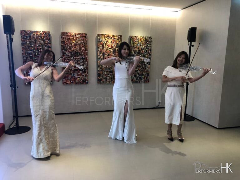 Led violin performance in white dress