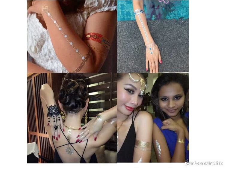 different henna tattoo on models at an event