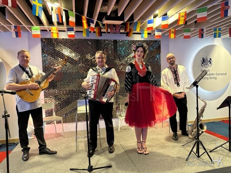 event in HK with band in ukrianian outfit for an event in HK