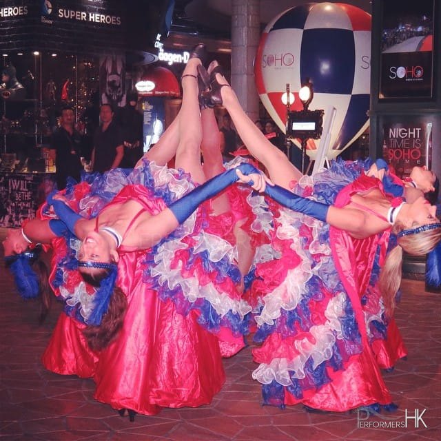 4 can can dancers performing at an event in Soho Hong Kong