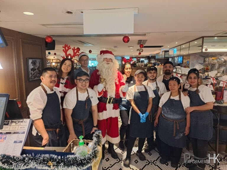 Santa and Santa girl in HK with restuarant group Pirata, Sheung Wan HK, Dec 2023, Hong Kong Christmas, Santa
