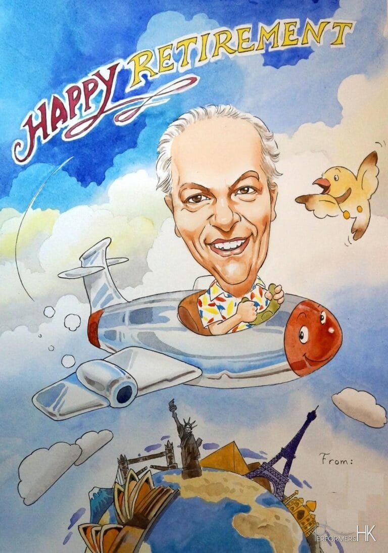A man flying his plane in a caricaturist drawing from artist