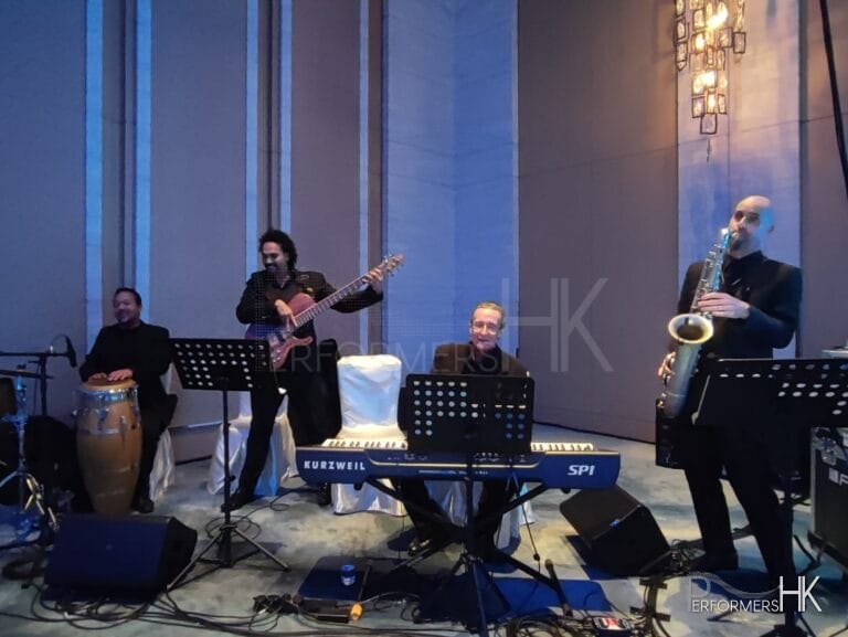 jazz quartet with conga in hong kong, musicians in black out fit ready to perform