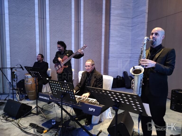 performance in hotel with performers from hong kong, jazz quartet with percussionist performance