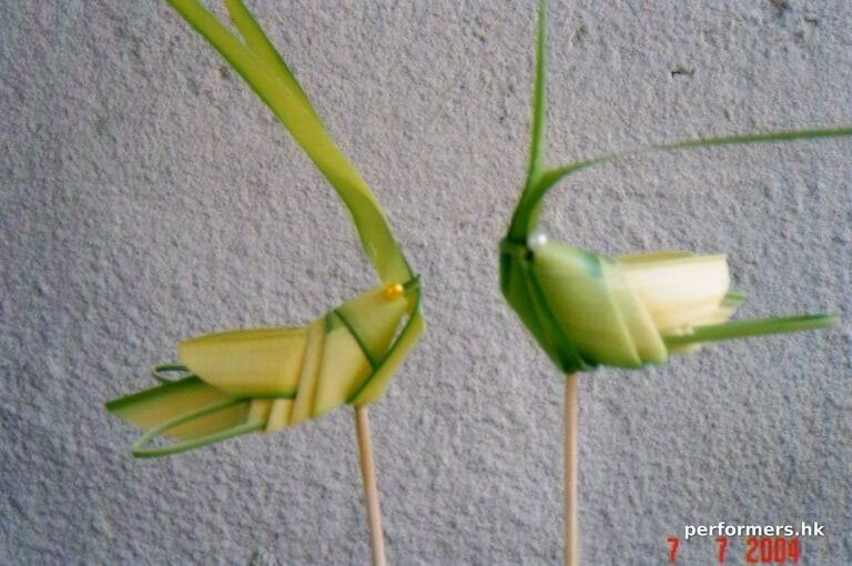 2 grasshoppers made from leafy grass