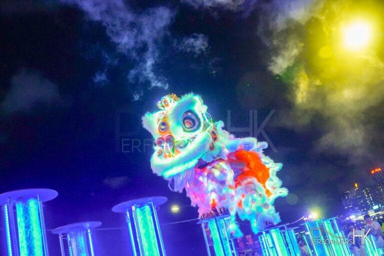 2 lion dancers jumping stilts in hong kong wan chai 2023 july