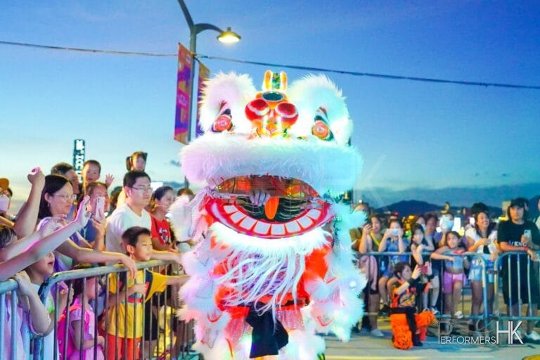 white color lion roving around venue at wan chai harbour chill area in Hong Kong for Hong Kong Tourism board event