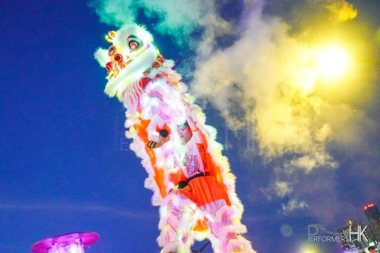 LED lion dance lifted up in air with smoke effect