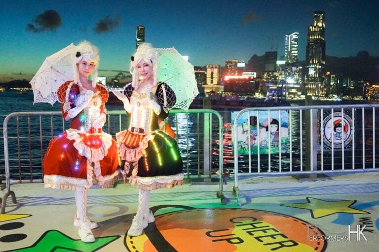 two girls in led costume custom made by performers hk hired by hong kong tourism board for the harbour chill festival