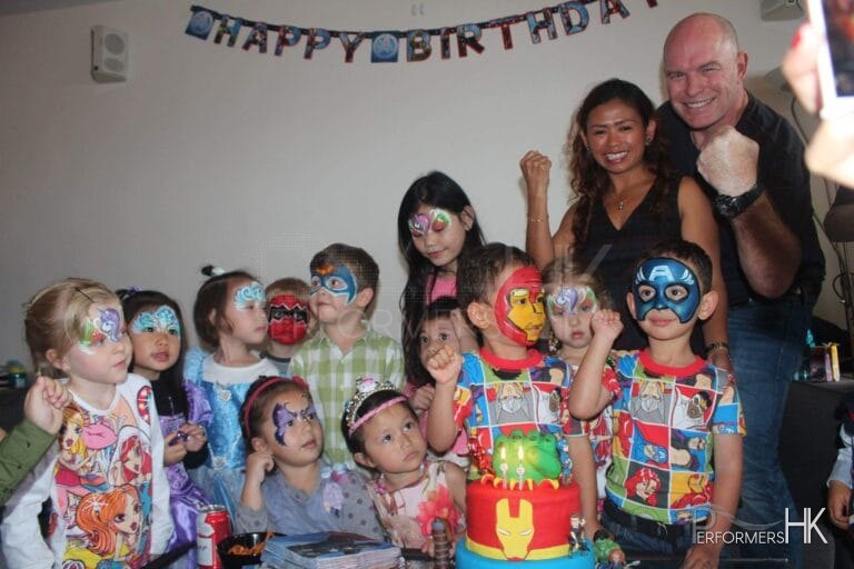 large group of kids at birthday party all with painted faces