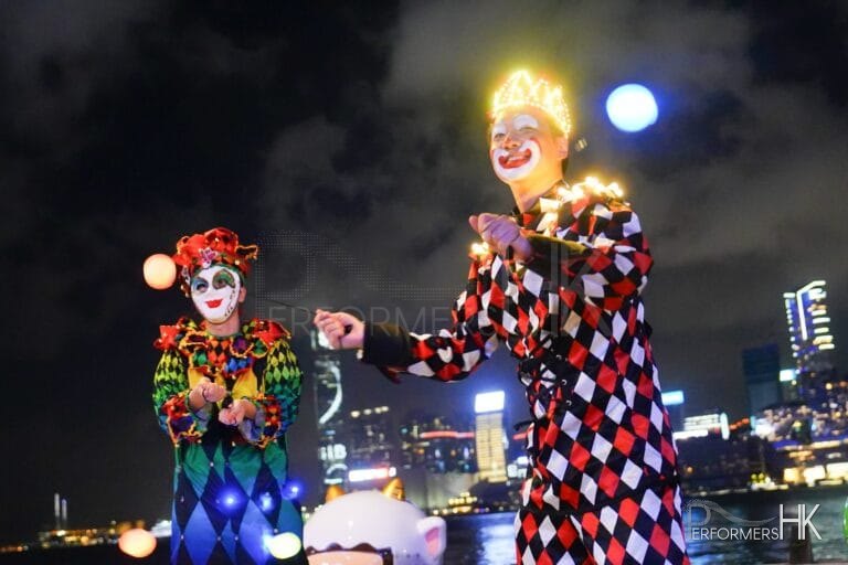 stilt walker with venetian stilts costume juggling led poi
