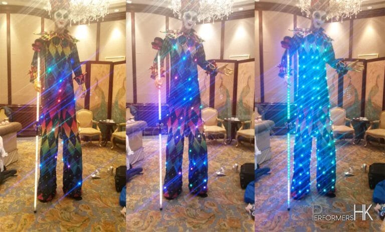 Three pictures of HK stiltwalker in a Venetian LED costume which have different  patterns